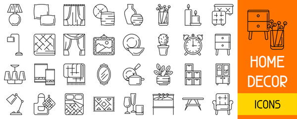 Home decor icon set. Domestic items thin line illustration.