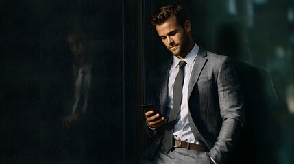 Focused businessman in a grey suit leans against a modern glass building intently using his smartphone in an urban setting with subtle reflections