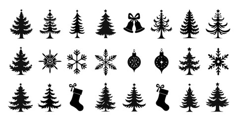  Silhouette Icons Set of Christmas icons featuring Christmas trees, bells, snowflakes, ornaments, stockings, and gifts