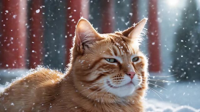 Orange tabby cat sitting outdoors in falling snow with serene expression during winter season creating peaceful and natural atmosphere