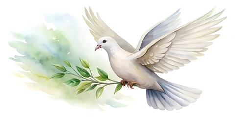 Fototapeta premium Watercolor illustration of a white dove with an olive branch, isolated on white background, symbolizing peace, freedom, and hope in a serene and elegant style