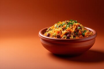 Osh Pilaf in a Bowl Against an Orange Background, a Traditional Tajikistan Dish