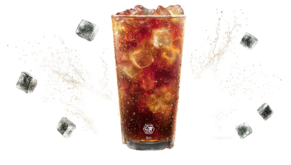 A tall glass of dark brown soda, surrounded by ice cubes and splashing soda
