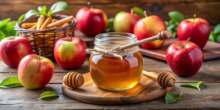 Festive rosh hashanah still life honey jar, apples, and wooden accents on a rustic table, celebrating the jewish new year with traditional sweetness and fresh harvest - Powered by Adobe