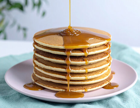 Uma pilha de panqueca sobrepostas, com calda de caramelo escorrendo sobre elas, servido em um prato rose, sobre a mesa de uma confeitaria, o prato esta sobre um pano de copa com tons verde claro.