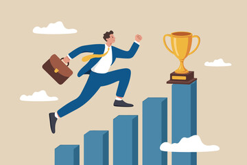 Businessman ascends graph bars towards golden trophy symbolizing success achievement and career growth