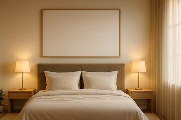 Calm living room interior with a frame mockup on the wall, with japandi balance, suited for interior mockups, balanced composition.