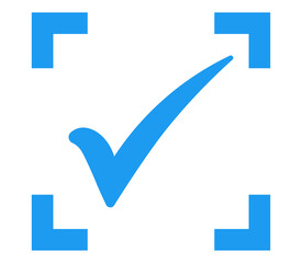 Medium blue check mark with UI scan brackets PNG with transparent background, minimal icon for selection feedback and approval status