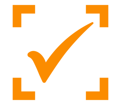 Orange approval check icon with scan-style frame PNG, flat UI symbol for successful task or validated user input confirmation