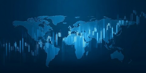 Blue stock market background with a world map and candlestick chart on a dark blue background, 