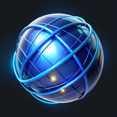 Abstract digital art glowing blue sphere with intertwined neon rings and cosmic glow