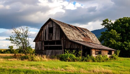 Rustic weathered barn under a dramatic sky