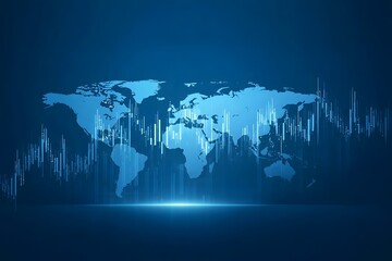 Blue stock market background with a world map and candlestick chart on a dark blue background, 