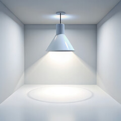 Minimalist modern room with seamless white walls and hanging pendant lamp