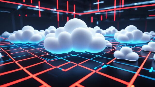 Digital 3D rendering of glowing white cloud shapes on neon grid with red and blue lights creating abstract network data technology concept