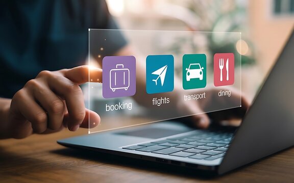 Man Using Laptop with Futuristic Hotel PMS and Travel Booking Icons - Powered by Adobe