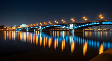Night View of a Lit Bridge Reflecting in the Water