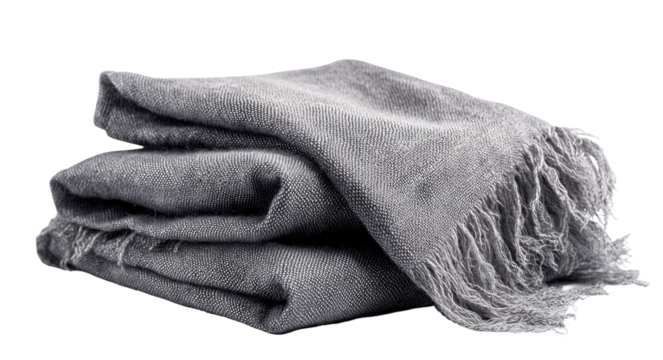 Gray linen blankets stacked, fringed edges