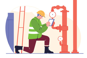 Industrial safety inspector checks pressure gauges on red pipes with ladder in background