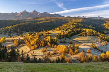 Mountain landscape, Tatra mountains panorama, colorful autumn view from Osturnia village, Slovakia.