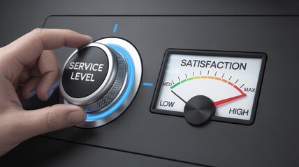 Closeup of a hand turning a dial to adjust the service level, with a satisfaction meter indicating high customer experience and quality
