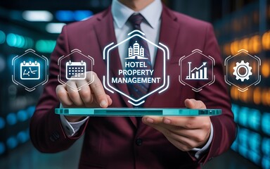 Businessman Using Tablet with Digital Hexagon Icons – Hotel Property Management System (PMS) and Booking Concept.j