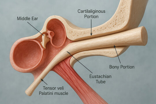 Human Ear Anatomy: Cross-Section Illustration Showing Middle Ear, Eustachian Tube and Tensor Veli Palatini muscle [Illustration]