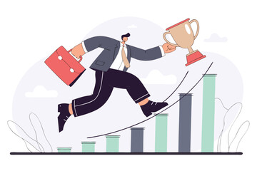 Fototapeta premium Businessman running up rising graph steps holding trophy representing success achievement and career growth