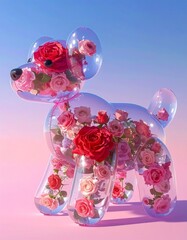Creative artistic transparent balloon dog sculpture filled with vibrant pink and red roses, set against a pastel gradient background, symbolizing a blend of playfulness and romance
