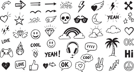 Minimalist black doodle icon set – hand-drawn silhouettes of hearts, lightning bolts, peace signs, speech bubbles, and playful symbols for stickers, digital art, and youth design.