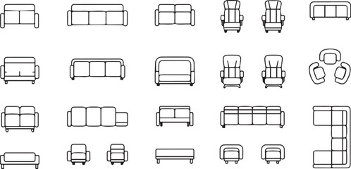 Minimalist black seating furniture icon set – top-down silhouettes of sofas, armchairs, loveseats, and sectionals for interior design, architectural plans, and layout visualization.