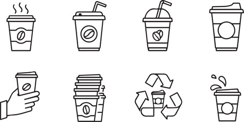 Minimalist black and white coffee cup icon set – hand-drawn line art of takeaway cups, straws, splashes, and eco symbols for café branding and design.