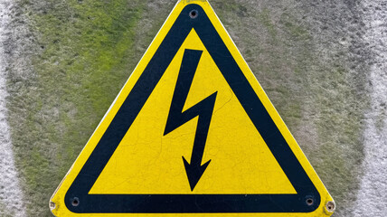 Cautionary yellow triangle warning sign with black lightning bolt symbol signifies high voltage danger outdoors