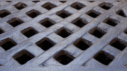 A close up of a dark gray metal grate with diamond-shaped openings creates a repeating pattern of shadows and geometric shapes in an abstract design.