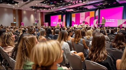 A wide view of a packed conference hall with diverse attendees listening to speakers on a brightly lit stage with colorful backgrounds.