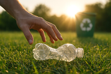 Picking up plastic bottle litter for recycling in park environmental responsibility and sustainability