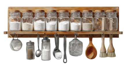 Wooden spice rack with jars of powdered ingredients and kitchen utensils