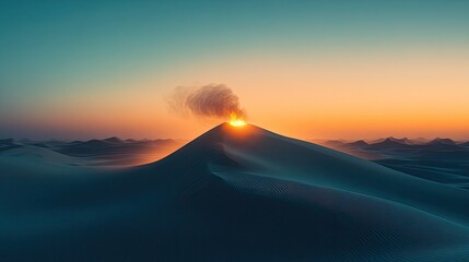 Sunset Volcano Eruption in Desert Landscape