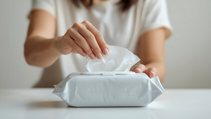 Close-up of a woman's hands taking a white sterile napkin