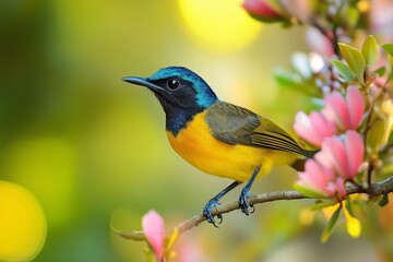 Bird Perched on a Branch Surrounded by Pink Flowers