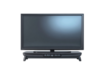 A dark gray flat-screen television with a matching dark gray stand, front view