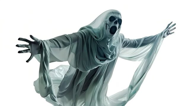 Ghost in a flying Halloween costume creates a ghostly, scary scene filled with spirit and horror. Cut isolated on transparent