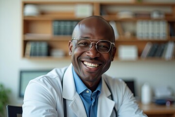 Fototapeta premium Happy African-American Eye Doctor in Clinic Setting
