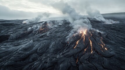 Active Volcano Eruption with Lava Flow and Smoke