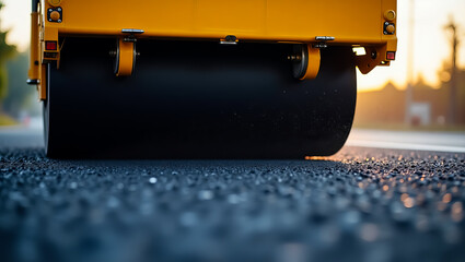 Heavy yellow steamroller compacting fresh asphalt on a road construction site at sunset with warm sunlight glowing