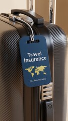 Closeup of a travel insurance luggage tag attached to a suitcase, emphasizing the importance of protection and security during trips and vacations