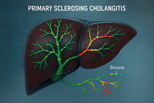 Primary Sclerosing Cholangitis Illustration: Liver and Bile Ducts Showing Structures, Illustration