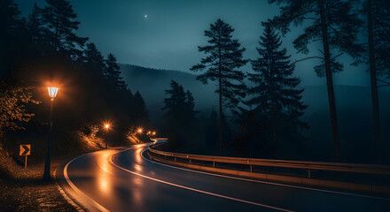 Eerie Night Drive: Illuminated Road Through Misty Forest at Twilight