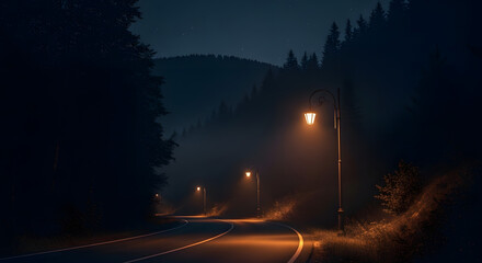 Mysterious Night Road with Fog and Street Lights in a Forest