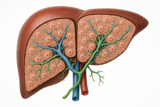 Human Liver Anatomy Illustration showing hepatocytes, blood vessels, and bile ducts - Illustration